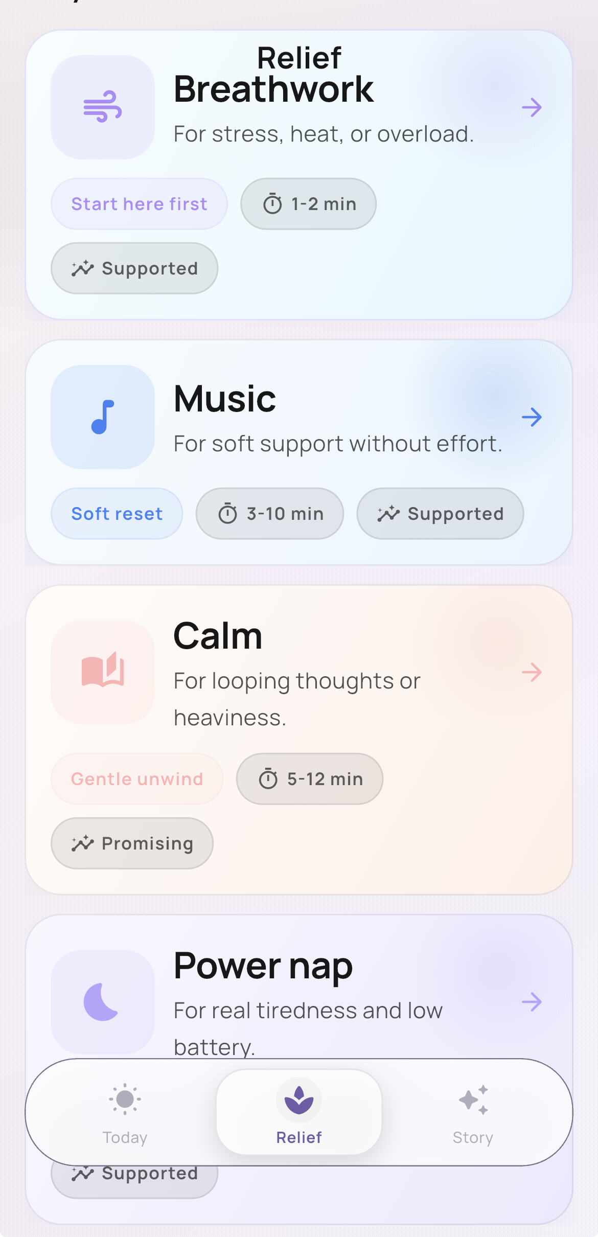Relief — breathwork, music, calm, and rest